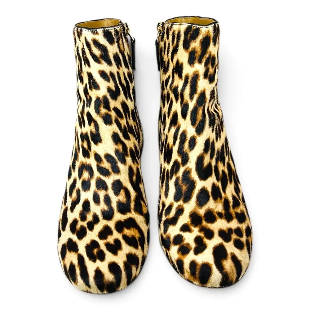 Tory Burch Gigi Leopard Pony Hair Ankle Booties Gold Logo Block Heel Size 8.5